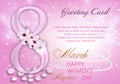 Light pink background with number 8 and beautiful flowers, petals. Greeting card for Holiday March 8 International Womens Day.