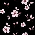 Light pink and beige flowers and leaves on a black background, seamless pattern