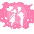 Light pink composition with a girl with balloons and a boy with flowers. Royalty Free Stock Photo