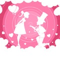 Light pink composition with a girl with balloons and a boy with flowers on her lap, Royalty Free Stock Photo