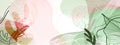 Light pink and green background in soothing colors with tropical leaves, lines and abstract shapes