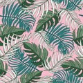 Light Pink and Green Tropical Palm Leaf seamless pattern background