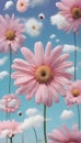 Light pink illustration daisy flowers pink blue background