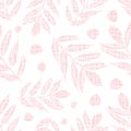 Light pink mountain ash and birch leaves leaves in woodcut style design with textured doodle grid overlay. Seamless