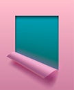 Light pink paper sheet partially rolled up with cut frame on aquamarine background