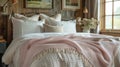 home textile decor, a light pink plaid blanket drapes elegantly over the bed, combining comfort and style to enhance the Royalty Free Stock Photo