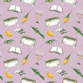 Light pink Sukkot watercolor seamless pattern with decorated sukkah, waving the Lulav, Etrog, tallit and menorah Royalty Free Stock Photo