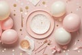 Light pink table with baloons and confetti, party table for a baby girl shower or gender reveal, generative AI Royalty Free Stock Photo
