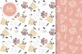 Light pink,white seamless pattern with whale,feather,owl Royalty Free Stock Photo