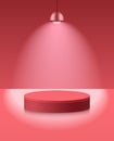 Light podium with hanging lamp, spot light. Abstract empty room with red color cylinder stand pedestal. Vector stage for Royalty Free Stock Photo