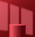 Light podium with shadow from window on wall. Abstract empty room with red color cylinder stand pedestal. Vector stage