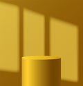 Light podium with shadow from window on wall. Abstract empty room with yellow color cylinder stand pedestal. Vector