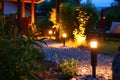 Light posts illuminated backyard garden during night hours. Modern backyard outdoor lighting systems