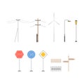 Light posts, traffic signs, direction pointers, fences, windmill, collection of city street landscape design elements