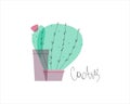 Light print with cacti in a flower pot. Icon with a blooming cactus. Poster with flowering plant.