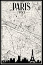 Hand-drawn panoramic city skyline poster with downtown streets network of PARIS, FRANCE Royalty Free Stock Photo