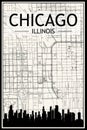 Panoramic city skyline poster with streets network of CHICAGO, ILLINOIS Royalty Free Stock Photo