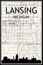 Panoramic city skyline poster with streets network of LANSING, MICHIGAN Royalty Free Stock Photo