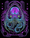 Light Purple colour Cybernetic octopus monster with vintage sacred geometry background Royalty Free Stock Photo