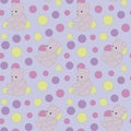 Light purple cute baby vector seamless pattern with multi-colored balls and gray soft bears toys background