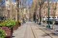 A light rail tracks on First Street, downtown San Jose, California Royalty Free Stock Photo