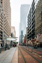 Light rail tracks and modern buildings at Main Street Square, in downtown Houston, Texas