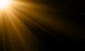 Light ray sun beam vector background. Abstract gold light sparkle flash spotlight backdrop with golden sunlight shine on black Royalty Free Stock Photo