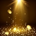 Light rays and golden falling glittering dust. Magic background. Shiny spotlight or scene. Blurred lights bokeh. Vector