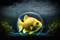 light rays illuminating yellow bulbfin greenfish in pond, aquarium fish in space Royalty Free Stock Photo