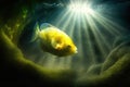light rays illuminating yellow bulbfin greenfish in pond, aquarium fish in space Royalty Free Stock Photo