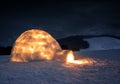 Light in real snow igloo Royalty Free Stock Photo