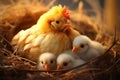 A light red haired mother chicken tenderly cares for her fluffy chicks in a hay nest