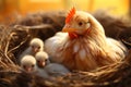 A light red haired mother chicken tenderly cares for her fluffy chicks in a hay nest