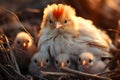 Light red mother chicken provides warm care to fluffy hay nestlings