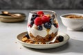 A light, refreshing breakfast of Greek yogurt, topped with a variety of fresh berries, honey, and granola, served in a glass