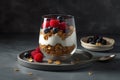 A light, refreshing breakfast of Greek yogurt, topped with a variety of fresh berries, honey, and granola, served in a glass