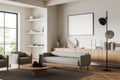 Light relax interior chair and couch with decor, panoramic window. Mockup frame Royalty Free Stock Photo