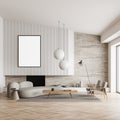 Light relax interior with couch, armchairs and fireplace, window. Mockup frame Royalty Free Stock Photo