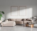 Light relax room interior couch and shelf with decoration, mockup frames