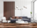 Light relax room interior with seats and wooden desk blurred. Mockup