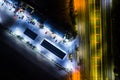 The light on the road roundabout at night Aerial view. Top view.