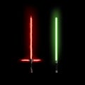 Light saber stand, red and green on black.