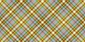 Light seamless diagonal pattern of tartan ornament for textile texture with soft blue and green threads on yellow background Royalty Free Stock Photo