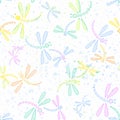 Light seamless pattern with flying cartoon dragonflies. Royalty Free Stock Photo