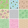 Light seamless patterns with plants and butterflies - set Royalty Free Stock Photo