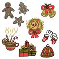 Light set of winter and christmas funny cartoon doodles. Christmas gingerbread, bell, wreath, gifts, cup of tea, hat and mittens Royalty Free Stock Photo