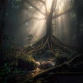 Light and shadow of banyan tree roots on the forest ground for nature background. Royalty Free Stock Photo