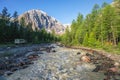 Light and shadow. Glaciers melt, water flows into the valley. Picturesque highland landscape with mountain river in valley among Royalty Free Stock Photo