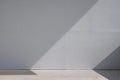 Light and shadow on surface of blank gray gypsum board wall and concrete floor, front view with copy space