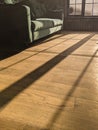 Light and shadow of a window in a room with parquet floor and green sofa Royalty Free Stock Photo